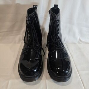 Y2K Mudd Black Patent Combat Boots Lace Up Side Zip Chunky Platform Women's8.5
